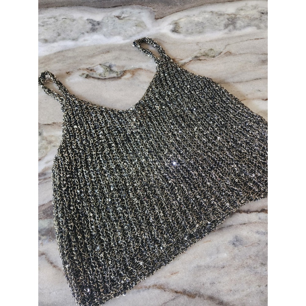 GLG Black Gold Metallic Sequin Knit Crop Tank Top Goth Going Out XS
